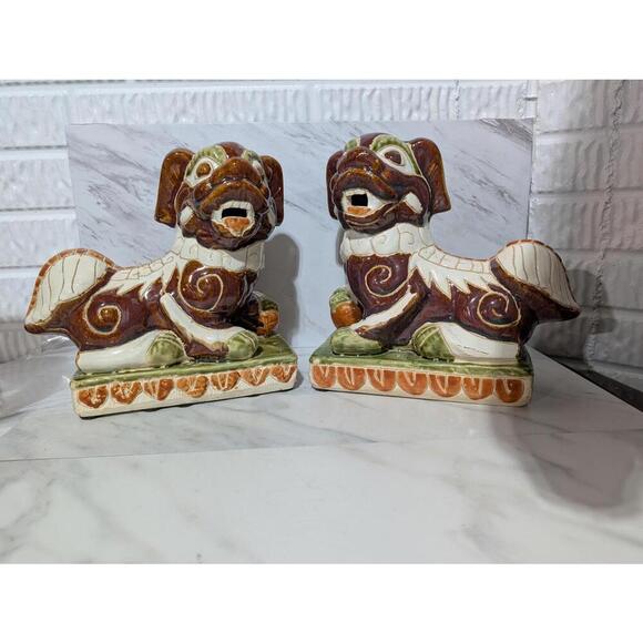 Rare Vintage Chinese Pair of Ceramic Foo Dog Statues